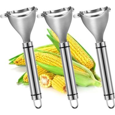 Imagem de 3 peças de descascador de milho mágico prateado, descascador de milho, ferramenta de decapagem de espiga, debulhador de milho de aço inoxidável, descascador de milho com alça ergonômica, raladores,