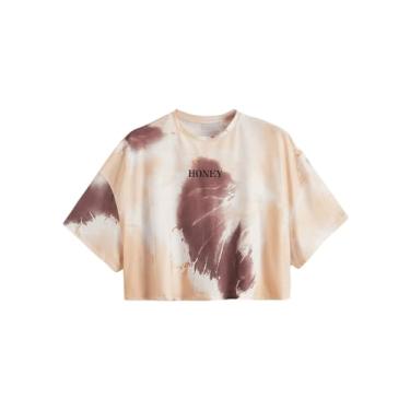 Imagem de SOLY HUX Camisetas femininas plus size manga curta gola redonda tie dye cropped casual verão básico, Bege e marrom, XXG Plus Size