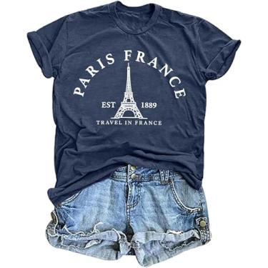 Imagem de Camiseta feminina Paris França Torre Eiffel Camiseta Viagem na França Camisetas de férias Paris Tops, Azul-escuro, XXG
