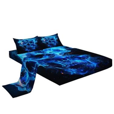 Imagem de Eojctoy Jogo de lençol ultramacio com tema de caveira de chama azul, 4 peças, fácil de cuidar com lençol king size de 40,6 cm, confortável e respirável para casa
