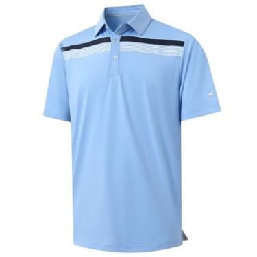 Imagem de Rouen Camisa polo masculina, manga curta, ajuste seco, leve, sem rugas, casual, atlética, listrada, camiseta de golfe masculina, Azul claro, M