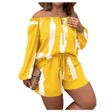 Imagem de OYOANGLE Conjunto feminino plus size de 2 peças, blusa listrada com ombro de fora e shorts amarrados na frente, Amarelo, 4X-Large