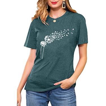 Imagem de Camiseta feminina de dente-de-leão com estampa de flores fofas verão flores silvestres blusas de manga curta, Verde, G