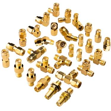 Imagem de YOTENKO Kit de conectores SMA 30 tipo SMA RP-SMA adaptador fêmea macho, tipo T 90° 45° adaptador SMA reto latão banhado a ouro conjunto coaxial RF para FPV Baofeng antenas rádio Yaesu IP câmera SDR