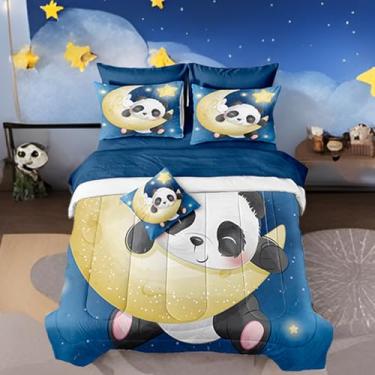 Imagem de Jogo de cama com estampa de panda e lua, Queen, amarelo, estrelas, lua, galáxia, panda, preto, branco, animal, conjunto de 8 peças com lençol