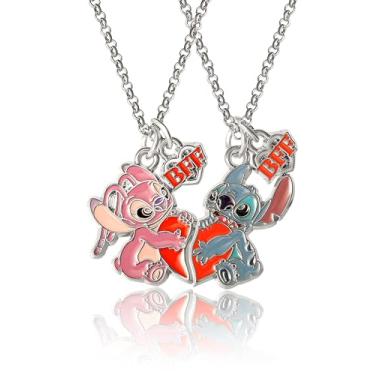 Imagem de Disney Conjunto de 2 colares Lilo & Stitch BFF com licença oficial de 40,6 cm + 7,6 cm, colares Best Friends com pingente de anjo e ponto, licenciado, Moderno, Sem Pedra Preciosa