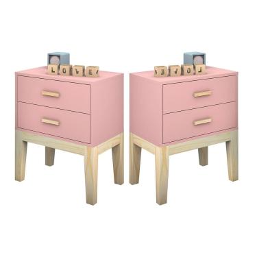Imagem de kit 2 mesa de cabeceira para quarto infantil rosa com puxadores e pes de madeira classico