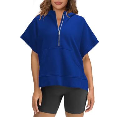 Imagem de Camisetas femininas grandes com capuz sólido meio zíper manga curta moletom casual verão pulôver tops com bolsos, Azul escuro, M