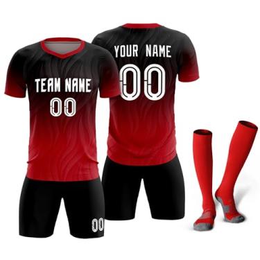 Imagem de Camisetas de futebol personalizadas com logotipo de número de nome masculino feminino infantil camisas de futebol personalizadas uniformes de equipe camiseta juvenil, Preto/Vermelho/Gradiente 20, One