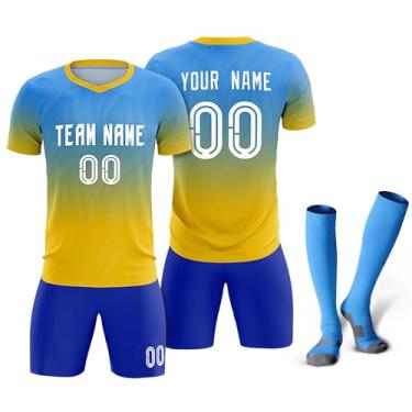 Imagem de Camisetas de futebol personalizadas com logotipo de número de nome masculino feminino infantil camisas de futebol personalizadas uniformes de equipe camiseta juvenil, Azul pó/amarelo/gradiente 24, One