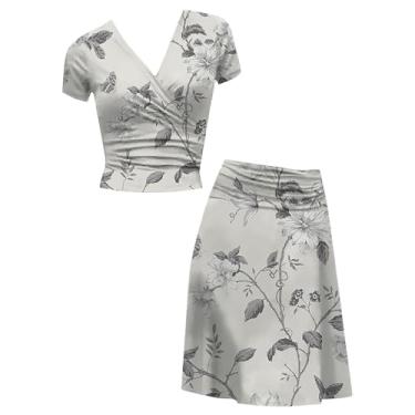 Imagem de Vestido feminino com decote em V, manga curta, estampado, casual, verão, algodão, camiseta, Bege, GG