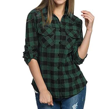 Imagem de Camisetas femininas de flanela com botões xadrez, manga comprida, gola redonda, blusas casuais de trabalho com, Verde, P
