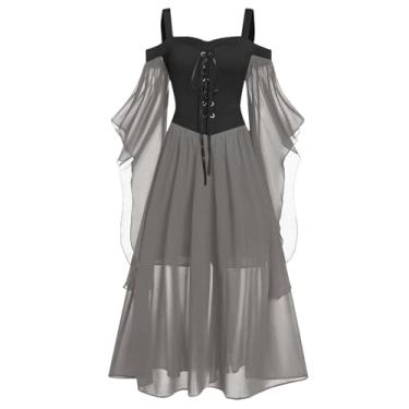 Imagem de Masbird Vestido renascentista feminino 2024 Renascentista gótico vestidos ombro de fora renda manga morcego vestido medieval cosplay vestido, Preto, GG