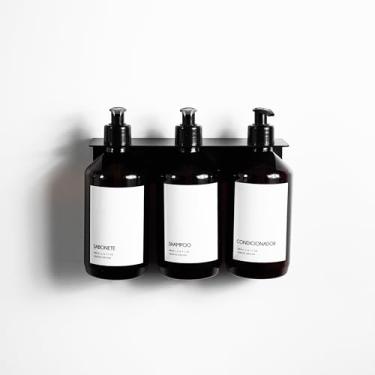 Imagem de Kit 3 Frascos Plástico Âmbar Minimal + Suporte Porta Shampoo Prateleira Preto Branco Metal (Preto)