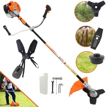 Imagem de Kit Roçadeira Profissional Vulcan Vr520h 2t 52cc + Faca de Duas Pontas Furo de 25mm Tamanho 330mm Potente e Resistente Ideal Para Mato Alto