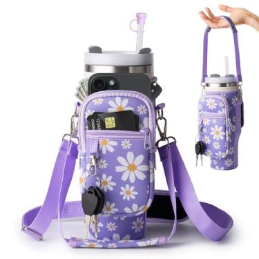 Imagem de linmaya Bolsa de transporte para garrafa de água com bolso para telefone para copo Stanley de 100 ml, suporte térmico de neoprene para garrafa de água, bolsa transversal com ombro ajustável e alça de