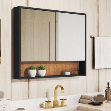Imagem de Espelheira Eros Armário Aéreo Para Banheiro - Preto/Madeira - Emes Móv