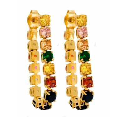 Imagem de Brinco Riviera de Zircônias Colorida Argola Banhado a Ouro 18k - Dinis