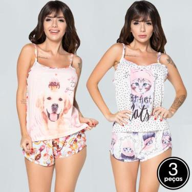 Imagem de Kit 3 Baby Dolls Curto Estampado Short Regata Pijama Alça - WLS Modas,