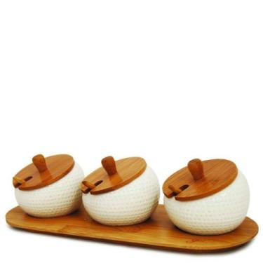 Imagem de Porta Temperos 3 Potes c/ Tampa e Colher de Bambu - Yoi