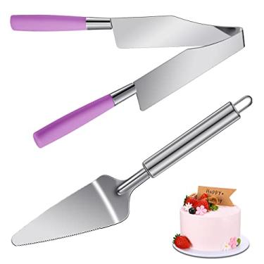 Imagem de 2 peças cortador de bolo multifuncional aço inoxidável espátula para bolo de aço inoxidável conjunto de servir bolo para bolos, torta, sobremesas, pizza (rosa roxo)