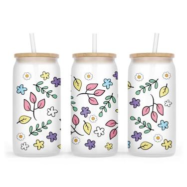 Imagem de Copo de vidro para amante de plantas - Copo de vidro fofo com tampa e canudo - Presentes de jardinagem estética para plantas, mãe, amiga, esposa, - Copo de vidro fosco de 473 ml