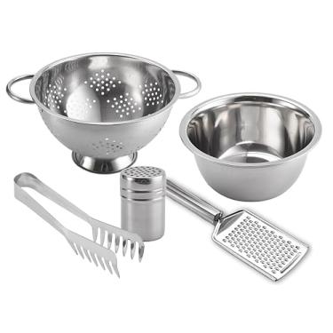 Imagem de Le Regalo Conjunto de 5 peças de macarrão de aço inoxidável - tigela de mistura, escorredor, ralador, pinça, dispensador de especiarias - durável e lavável na lava-louças