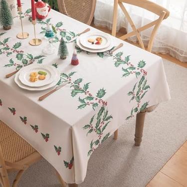 Imagem de Clothfuna Toalha de mesa quadrada de Natal, ramo de folhas de azevinho, toalha de mesa de linho de algodão branco, Feliz Natal para festa, mesa de jantar (140 x 300 cm/55 x 118 polegadas)