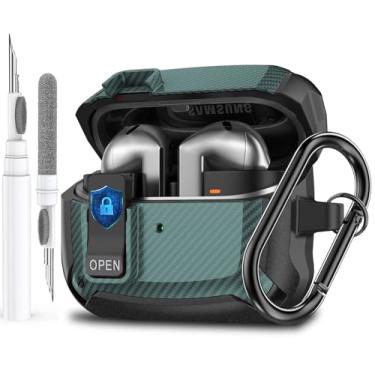 Imagem de Capa para Galaxy Buds 3 Pro/3/3 FE com clipe de trava segura, à prova de choque para Samsung Galaxy Buds3/3 Pro 2024/3 FE 2025, capa rígida protetora com mosquetão e kit de limpeza para homens e