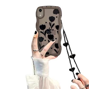 Imagem de Fycyko Capa compatível com iPhone XR com design de estampa de flores negras de simplicidade fofa para mulheres adolescentes e meninas para iPhone XR + corrente de coração preto