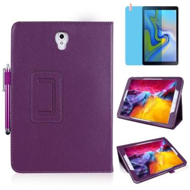Imagem de Capa de couro fina para Samsung Galaxy Tab A de 10,5 polegadas 2018 (SM-T590 T595 T597), suporte multiângulo, capa protetora completa para tablet com caneta Stylus, película de tela (roxa)