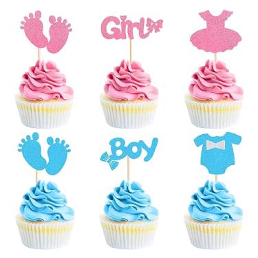Imagem de Keaziu Pacote com 36 topos de cupcake para menino ou menina, roupas para meninos e meninas, macacão, vestidos para pés, revelação de gênero, topos de cupcake rosa ou azul, para chá de bebê, meninos,