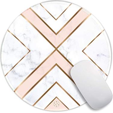 Imagem de Mouse pad redondo personalizado Oriday para jogos, mouse pad estético, elegante circular com borda costurada para mesa, trabalho, decoração de home office, lavável, tamanho grande de 22 x 22 cm, espessura de 3 mm (mármore rosa)
