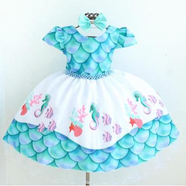 Imagem de Vestido De Festal Infantil Fundo Do Mar Sereia E Tiara - Pingo de Gent