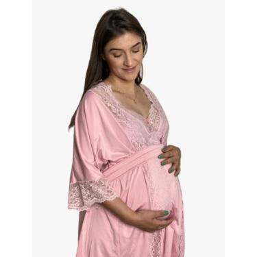 Imagem de Camisola Amamentação + Robe Gestante Luxo Maternidade Pós-parto - DOCE