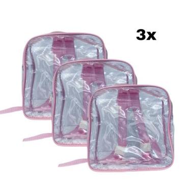 Imagem de KIT COM 3 MINI mochila ROSA infantil transparente cristal escola viage