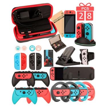 Imagem de Switch Accessories - Family Bundle Accessories for Nintendo Switch, Carry Case& Screen Protector,4 Pack Joy Con Grips and Steering Wheels, Case Cover,Stand Mount,Joy Con Charger and More