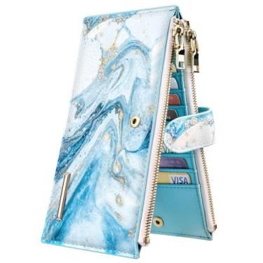 Imagem de Carteira feminina com bloqueio de RFID, grande capacidade, organizador de vários cartões, carteira dobrável para mulheres com bolso com zíper, Mármore azul, Large