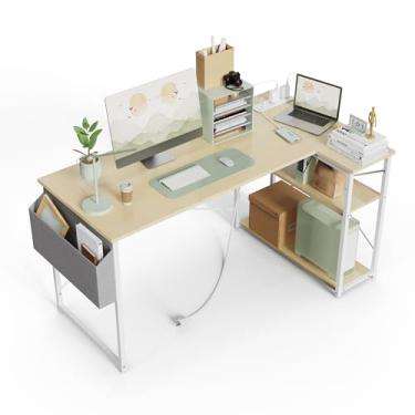 Imagem de TIQLAB Mesa de computador pequena com tomadas, mesa em forma de L de 101 cm com prateleiras reversíveis, mesa de canto para jogos, mesa de estudo, escritório em casa, quarto, sala de estar, bege