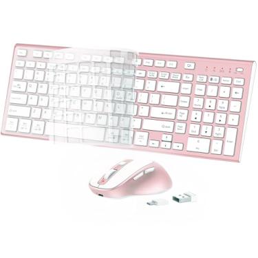 Imagem de Combo de teclado e mouse sem fio, USB tipo C, recarregável, fino, silencioso, compacto, teclado de tamanho completo com teclado numérico e capa para Windows, macOS, PC/computador/laptop - ouro rosa