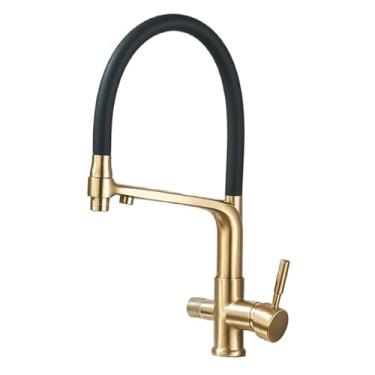Imagem de Torneira de cozinha com filtro, modo de fluxo/chuveiro, saída de água, rotação de 360 graus, torneira de montagem no convés, água potável, flexível, escovado, dourado