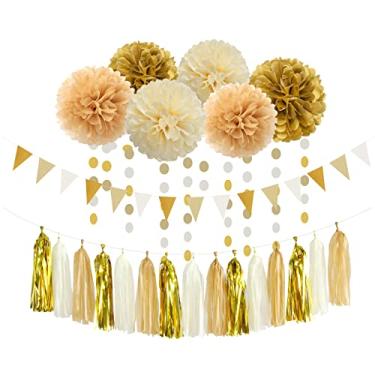 Imagem de Lasting Surprise Decorações de Festa de Champanhe Em Ouro Branco – 23 Unidades de Flâmulas de Pompons de Tecido, Banner de Guirlanda de Borla de Noivado de Casamento de Natal, Despedida de Solteira Ne