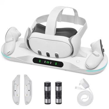 Imagem de Base de carregamento para Meta Quest 3, suporte de carregamento VR de fixação automática para fone de ouvido e controladores Quest 3, carregador magnético com 2 baterias recarregáveis, capa de bateria