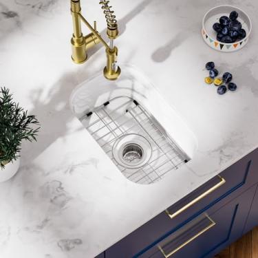 Imagem de Davivy Pia de cozinha pequena, pia de barra branca, 33 x 48 cm, pia de preparação de barra de montagem dupla, pia de cozinha de tigela única de porcelana com grade inferior e filtro