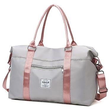 Imagem de Bolsa esportiva feminina para viagem e transporte para avião, impermeável, esportiva, bolsa de ginástica para fim de semana, bolsa noturna com bolso molhado para treino, D - Cinza, Bolsa de viagem grande com manga de carrinho