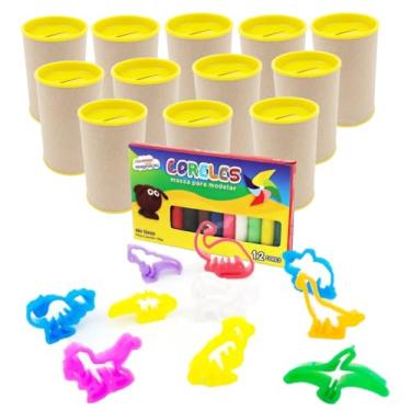 Imagem de Kit 12 Cofres Papelão 36 Cortadores Formato Dinossauros 2 Caixas de Massinha Modelar Lembrancinhas Aniversário Mundo Jurássico (Cofre Amarelo)