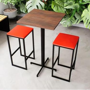 Imagem de Conjunto Mesa Alta Bar Bistrô Quadrada Imbuia 2 Bancos Estofado Industrial Black (Vermelho)