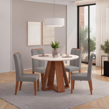 Imagem de Conjunto Sala de Jantar Mesa Redonda Tampo de Vidro com 4 Cadeiras Kiara Freijo/ Off White/ Lunar