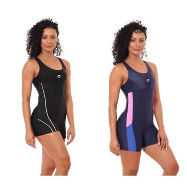 Imagem de Kit 2 Maiô Macaquinho Natação e Hidro Feminino Forrado Liso (1 Preto/Branco / 1 Marinho/Azul/Rosa, GG)