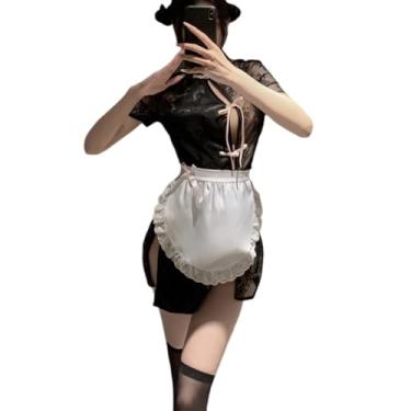 Imagem de Temptshow Roupa íntima feminina sexy cheongsam renda perspectiva cosplay vestido de empregada camisola (preto)